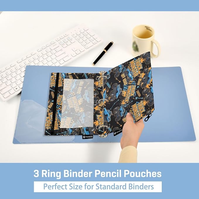 Emelivor Truck Cool Black Pencil Pouch for 3 Ring Binder 2 Pack Large Capacity Pencil Pouches with Zipper Clear Binder Pencil Case Bag for Office College Daily Supplies
