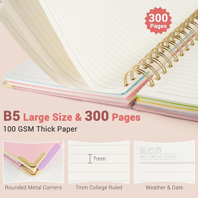 Hardcover Spiral Journal Notebook, 300 Pages 5 Subject Notebook College Ruled with Removable Dividers Tabs, 8" x 10" Notebooks for Work, Spiral Ruled Lined Writing Journal Hardcover Leather Notebook for School (Purple oil painting, 8''x 10'')