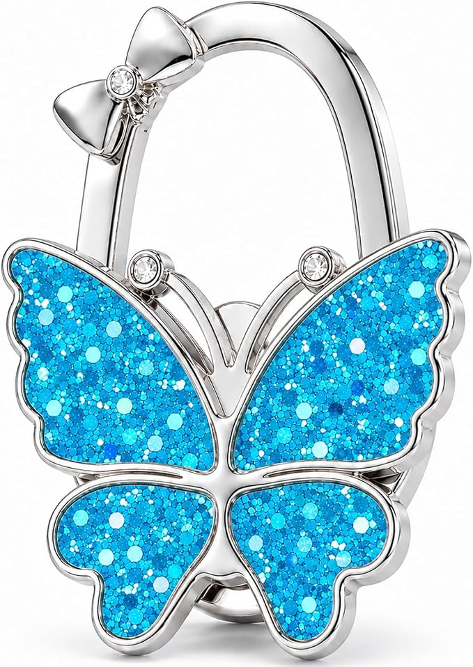 Purse Hook for Table, Foldable Handbag Hanger for Women, Portable Bag Holder with Non-Slip Base, Cute Sequin Blue Butterfly Purse Table Hook for Restaurant Office Travel Gift