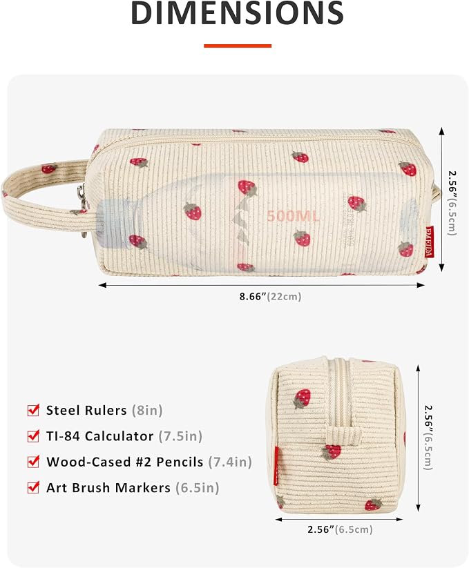 Fmeida Pencil Case Pouch - Soft Corduroy Pencil Pouch Cute Pencil Bag Aesthetic Office Supplies Stationery Pouch with Handle - Strawberry