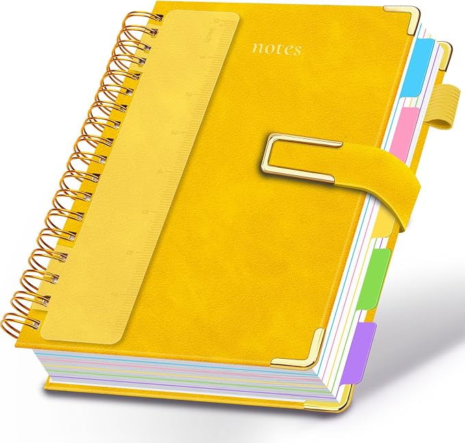 Hardcover Spiral Notebook College Ruled, 6.2"x 8.2" Leather Journal Notebook with Magnetic Closure, 300 Pages 5 Subject Notebook with Dividers Tabs Journal for Women Men, Work, School(Yellow)