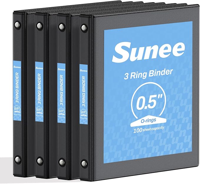 SUNEE 1/2 Inch Binders 3 Ring, PVC-Free Clear View Half Inch Binders (Fits 8.5x11 Inches) for School, Office & Home Use, Black