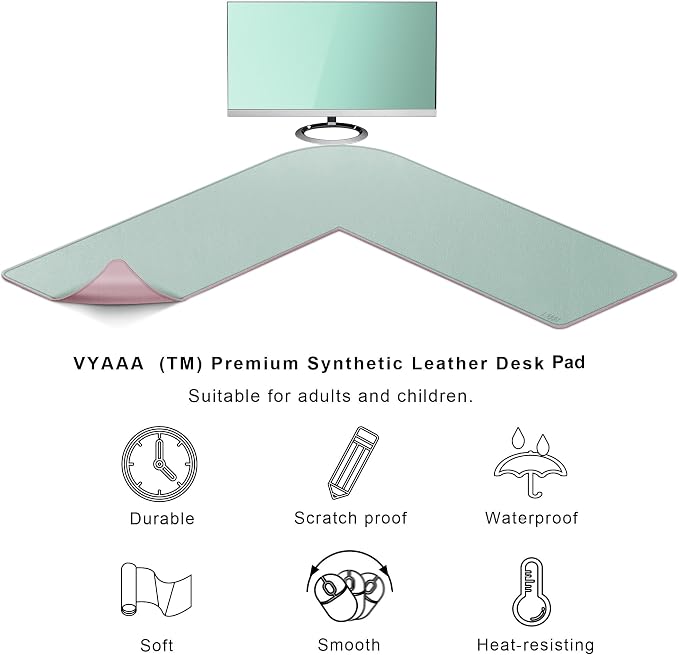 Vyaaa L-Shaped Leather Desk Pad, Two Tone Gaming Mouse Pad for Corner Desk Mat, Office and Home, 43 x 43 x 15.7 Inch, Pink and Green