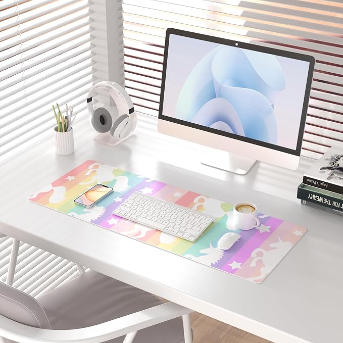 Colorful Star Unicorn Rainbow PU Leather Waterproof Desk Pad, 31.5" x 11.8" | Girls Women Cute Desk Mat, Rainbow Desk Accessories Kawaii Office Décor, Non-Slip Large Writing Mat for Kids
