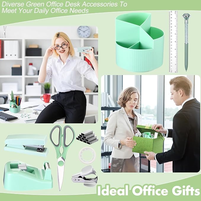 Marspark Sage Green Desk Accessories Office Supplies Set, 12 Pcs | 360° Rotating Pen Holder, Stapler, Tape Dispenser, Scissor, Sticky Notes, Binder Clips, Desk Organizers Gift for School