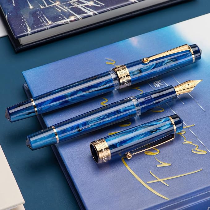 Asvine P20 Piston Fountain Pen Galaxy Blue Resin, Iridium Medium Nib Gold Trim Smooth Writer Collection with Case Set