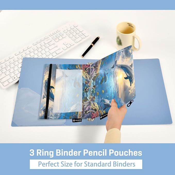 Funny Leaping Dolphins Nautical Ocean Coastal Pencil Pouch for 3 Ring Binder 2 Pack Zipper Binder Pencil Bag with Clear Window Pencil Case for Office Supplies
