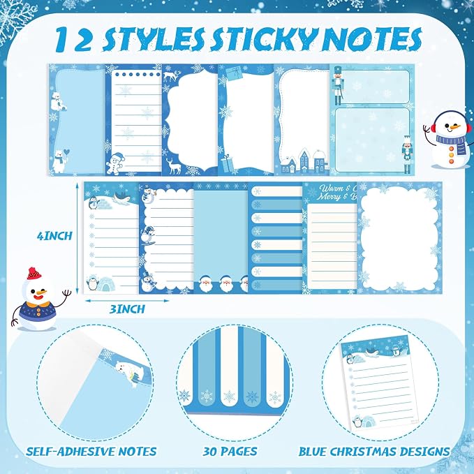 Chiisong 12 Pcs Christmas Sticky Notes Christmas Design Self Adhesive Note Pads Winter Snowflake Sticky Memo Blue Cartoon Snowman Penguin Notepad for Xmas Gift Office Home Supplies Present