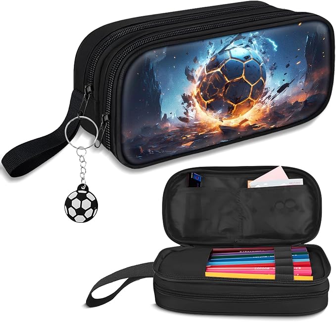 TILYTADLY Large Pencil Case for Boys - Soccer Boys Pencil Pouch with Zipper Compartments - Big Capacity Pen Box Pen Bag Organizer with Keychain for Kids Teens School