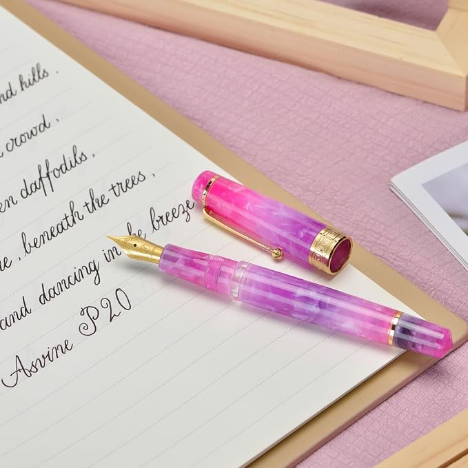 Asvine P20 Piston Fountain Pen Gradual Purple Resin, Iridium Extra Fine Nib Gold Trim Smooth Writer Collection with Case Set