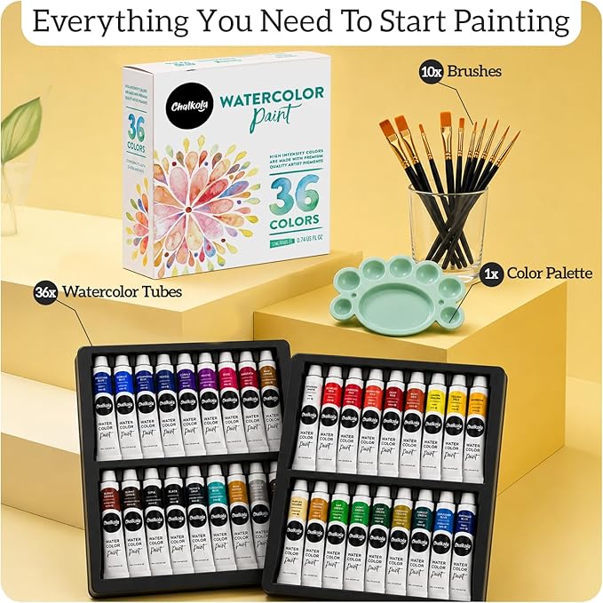 Chalkola Watercolor Paint Set for Adults & Professional Artists - 36 Watercolor Tubes Set (12ml, 0.4oz), 10 Painting Brushes & 1 Palette | Vibrant Water Color Art Painting Supplies