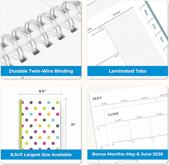 Blue Sky 2026-2027 Weekly & Monthly Academic Planner, 8.5"x11", Dots | July 2026 - June 2027, Clear Pocket Cover, Wirebound, Laminated Tabs, Storage Pocket, Academic Year, Teacher Lesson Planner