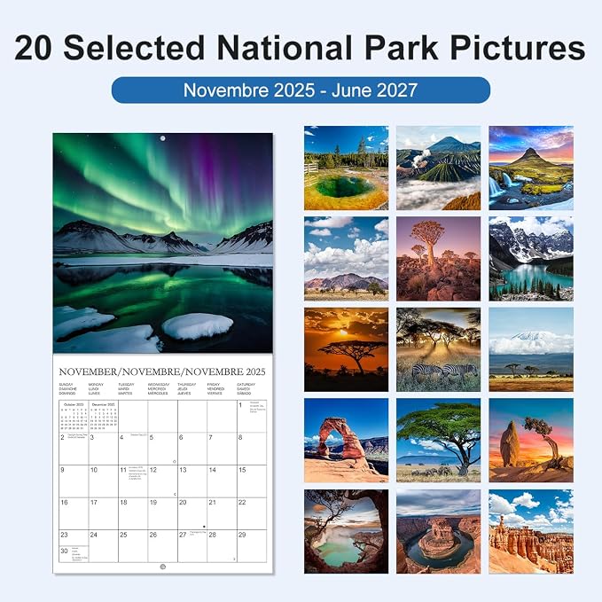 Calendar 2026 - Wall Calendar from January 2026 to June 2027, 3 Languages(English,French,Spanish), 2026 Wall Calendar with Holiday Marked, Premium Paper for Organizing, 7" x 7",National Prak - A
