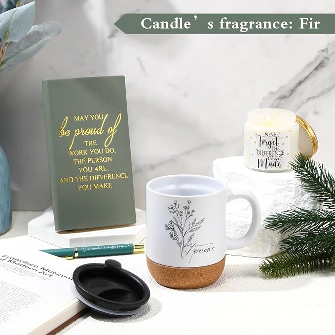 Sayglossy 4 Pcs Thank You Gift Set for Women Men Back to School Teacher Appreciation Gift Leather Notebook Inspirational Coffee Mug Scented Candle Ballpoint Pen for Employee Coworker Nurse Boss, Green
