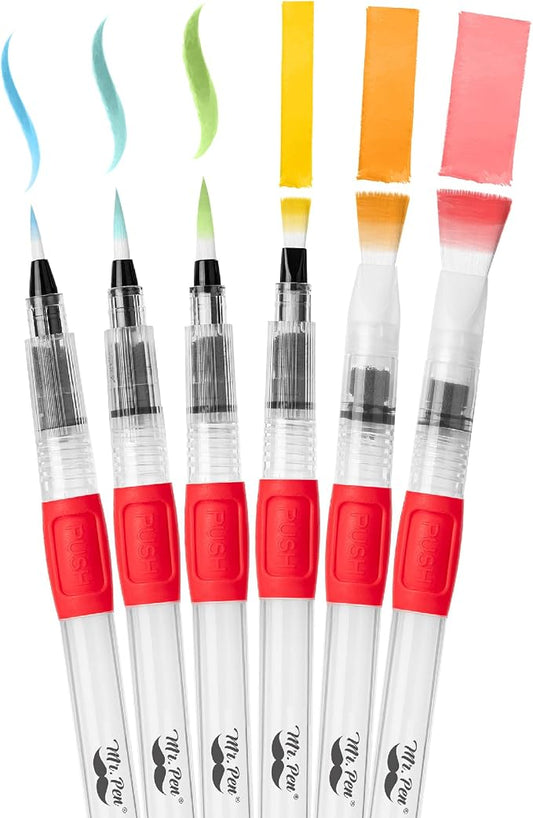 Mr. Pen- Watercolor Brush Pens, 6 pcs | 3 x Point Tips and 3 x Flat Tips Styles, Nylon Bristles, Refillable Watercolor Pens for Acrylic, Gouache, Crayons