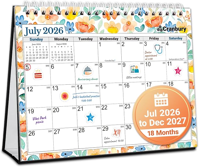 CRANBURY Small Desk Calendar 2026-2027 Standing Flip, July 2026 to Dec 2027, 8x6 Desktop Calendar with Stickers, 18 Months Desk Planner for School & Office, Spiral Bound, Floral Design