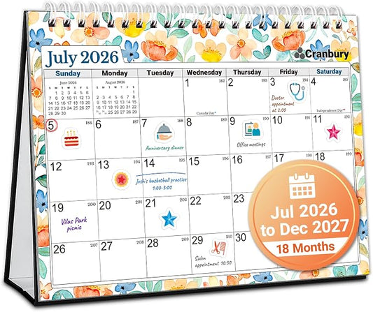 CRANBURY Small Desk Calendar 2026-2027 Standing Flip, July 2026 to Dec 2027, 8x6 Desktop Calendar with Stickers, 18 Months Desk Planner for School & Office, Spiral Bound, Floral Design