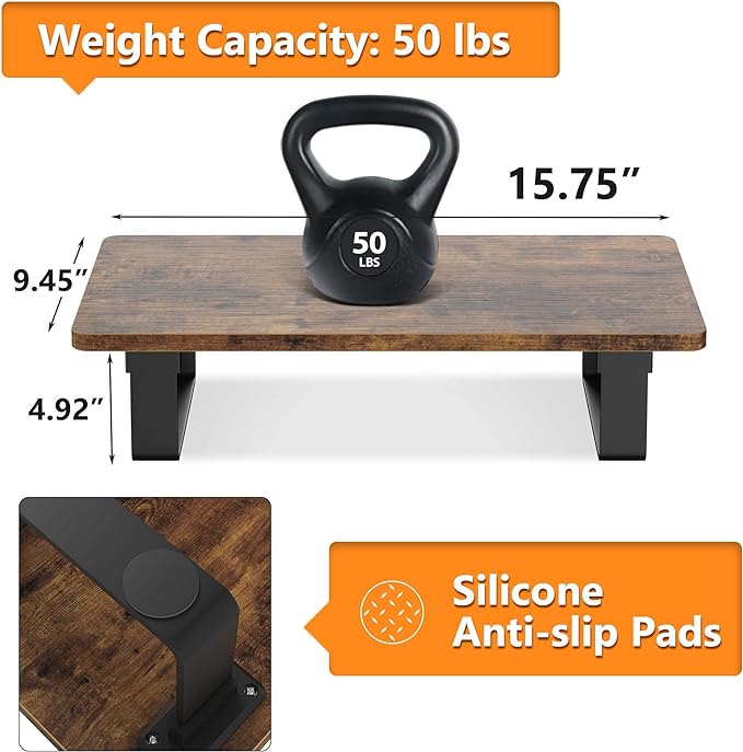 Monitor Stand Riser with 50 LB Capacity, Stable Wood Computer Monitor Stand for Desk Organizers, Anti-slip Computer Riser Monitor Shelf for PC Laptop Notebook Printer Computer iMac, Rustic Brown