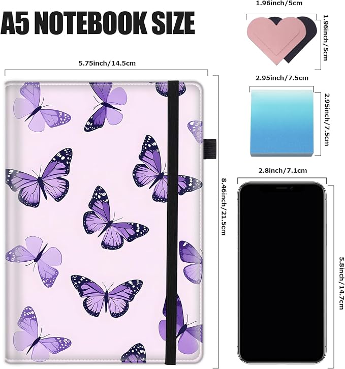 Hardcover Executive Notebooks, A5 PU Leather Lined Journal Notebook, 200 Pages Thick Paper Subject Notebooks for School,Work,Home Writing Business Notebook, Diary Book ，Purple Butterflies