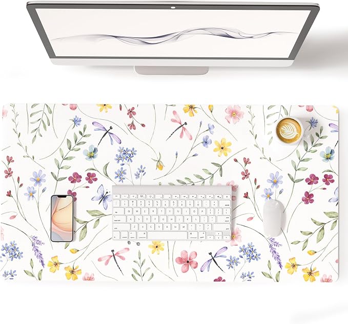 Colorful Star Floral Waterproof Office Desk Mat, 31.5" x 15.7" | Non-Slip Large Computer Gaming Mouse Pad, XXL PC Laptop Protector Pads, PU Leather Desk Writing Pads for Office Home
