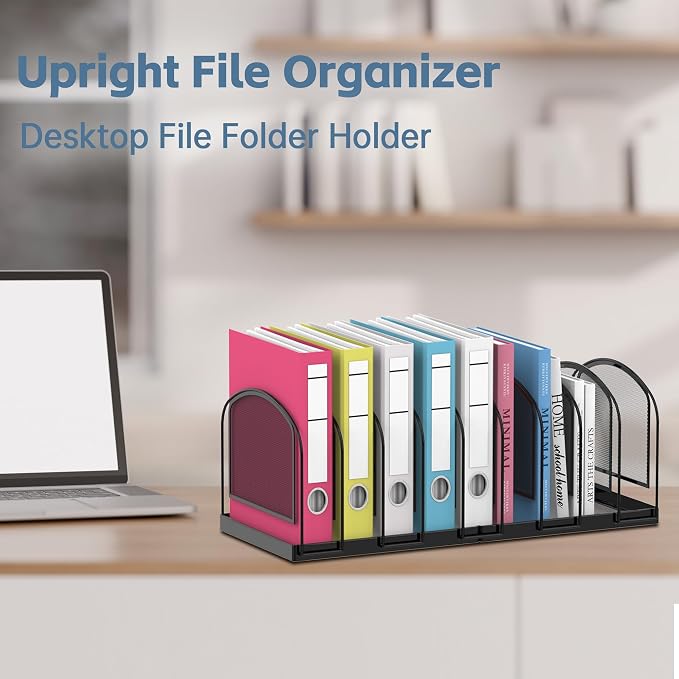 SUPEASY 9-Section File Organizer for Desk, Metal File Folder Holder, Black | 9 Vertical Compartments with Sturdy Metal Base for Office Documents Books Magazines and Laptop