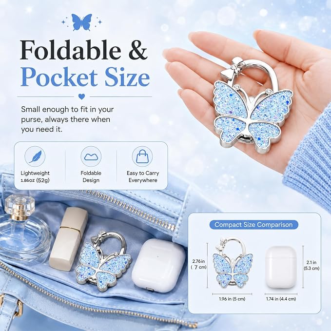 Purse Hook for Table, Foldable Handbag Hanger for Women, Portable Bag Holder with Non-Slip Base, Cute Bling Light Blue Butterfly Purse Table Hook for Restaurant Office Travel Gift