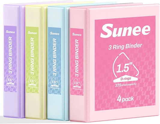SUNEE 3 Ring Binder 1.5 Inch D Ring, Clear View Binder Three Ring PVC-Free (Fit 8.5x11 Inches) for School or Office Supplies, Assorted Pastel, 4 Pack
