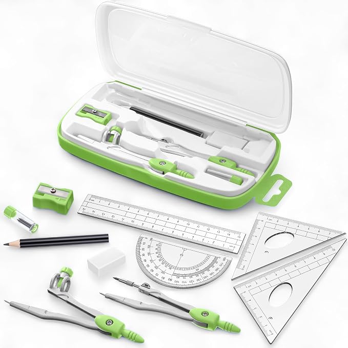 Zonon Math Geometry Set for Students 10 Pcs Compass Geometry Tools Kit Includes Protractor Compass Lead Refills Rulers Pencil Sharpener Eraser Pencil Storage Box for Drafting and Drawings(Green)