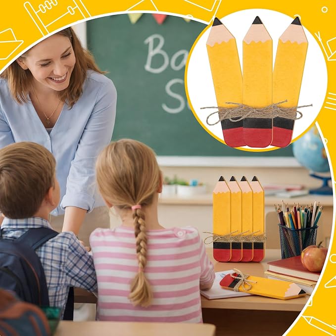 Novabright 7 Pcs Back to School Wooden Pencil Tiered Tray Decor 5.12 x 1.18 Inches Back to School Table Centerpiece Tabletop Classroom Teacher Pencil Name Tags Signs for DIY Crafts Desk Rustic Decor