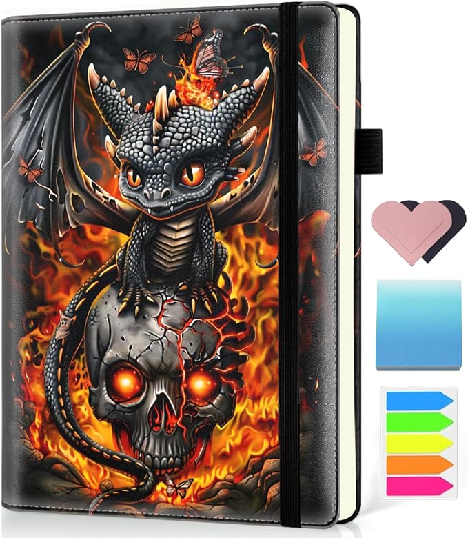 Hardcover Executive Notebooks, A5 PU Leather Lined Journal Notebook, 200 Pages Thick Paper Subject Notebooks for School,Work,Home Writing Business Notebook, Diary Book ，Black Baby Dragon and Skull