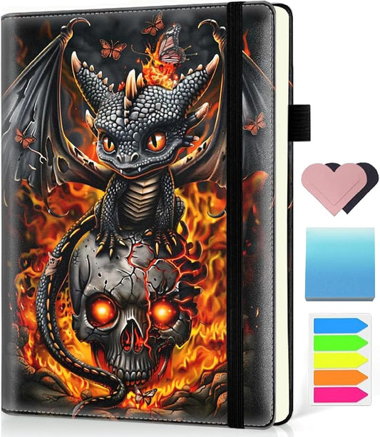 Hardcover Executive Notebooks, A5 PU Leather Lined Journal Notebook, 200 Pages Thick Paper Subject Notebooks for School,Work,Home Writing Business Notebook, Diary Book ，Black Baby Dragon and Skull