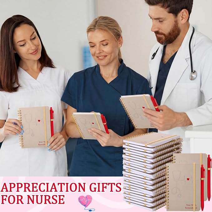 Fulmoon 24 Set Nurse A6 Spiral Notebook with Ballpoint Pens 50 Sheets, 4"x 6" Small College Ruled Notepads Journaling Notebooks Bulk Nurse Graduation Gifts for Women