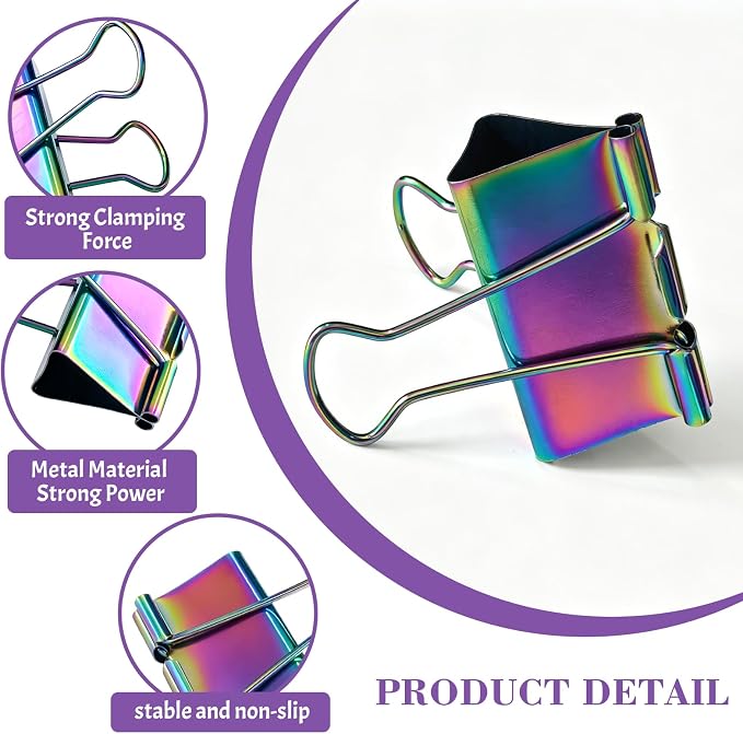 2 Inch Rainbow Paper Clamps, Medium Binder Clips for Home Office, 2 Pcs | 2-pack, Medium Rainbow Binder Clip, Colorful Paper Clamps, for Organizing Office Files, Folders, and Documents.