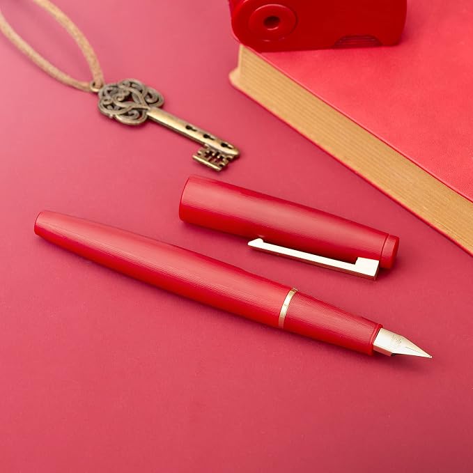 Jinhao 80 Red Fiber Brushed Fountain Pen, Iridium Fine Gold Nib with Ink Converter, Classic Design Smooth Writing Pen (Gold Clip)