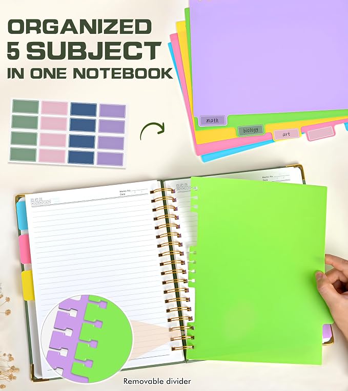 5 Subject Spiral Notebook Journal with Removable Dividers Tabs, 300 Pages Organizer Notebooks for Work School, 8"x10" Hardcover Leather Notebook College Ruled, Large Lined Journal for Women Men,Green