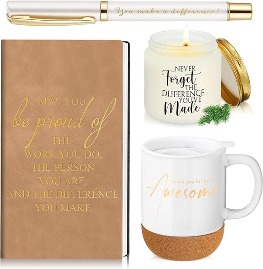 Sayglossy 4 Pcs Thank You Gift Set for Women Men Back to School Teacher Appreciation Gift Leather Notebook Inspirational Coffee Mug Scented Candle Ballpoint Pen for Employee Coworker Nurse Boss, White