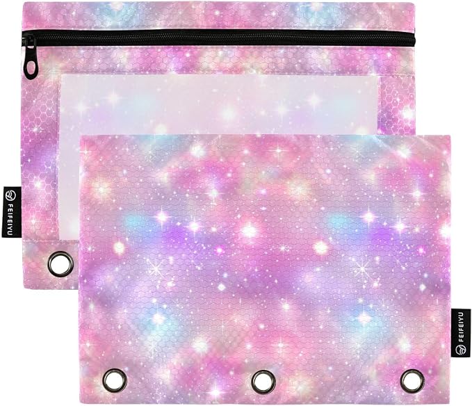 Binder Pencil Pouches, Pink Sky with Stars Pencil Case with Clear Window 3 Rings Pen Case Holder Office Supplies