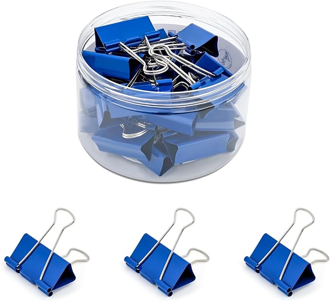 Temiary 24 Pcs Binder Clips, 1.6 Inch Large Metal Binder Paper Clip with Container, Blue Paper Clamps Bulk for Office, Home, School Supplies