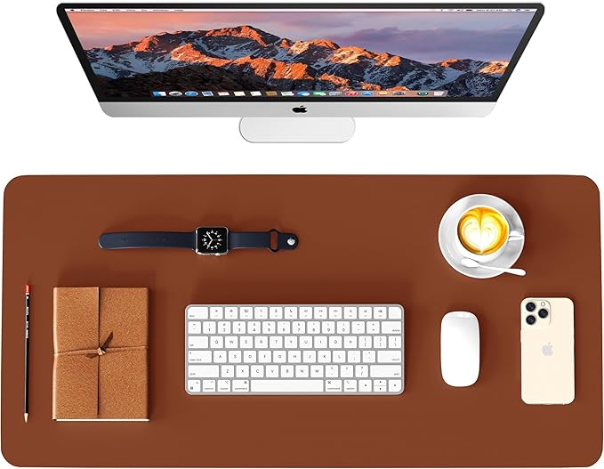 Leather Desk Pad Protector, Waterproof Mouse Pad, PU Desk Mat, Office Desk Cover, Desk Writing Mat for Office/Home/Work/Cubicle (Brown/Gray) 23.6x13.7 in