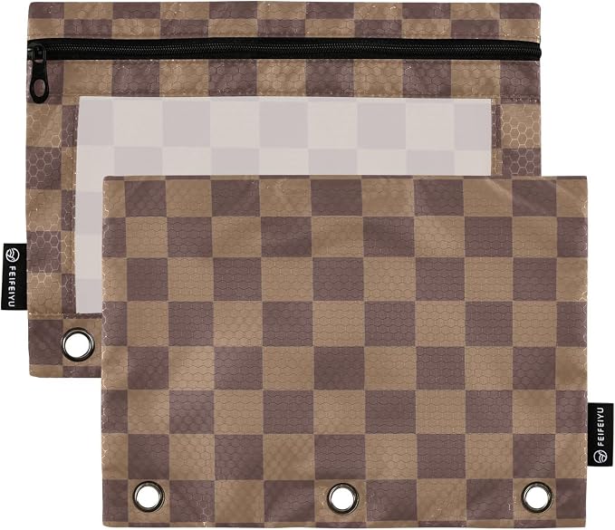 ALAZA Brown Checkerboard B Pencil Pouch for 3 Ring Binder 2 Pack Zipper Binder Pencil Bag Case with Clear Window Office Supplies