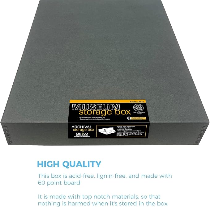 Lineco Museum Archival Storage Box, Drop Front, 17.75x22.75x3 in, Gray | Acid-Free with Metal Edge, Preserves Picture Longevity, Organize Photos, Newspapers, Prints, Documents, Crafts, DIY