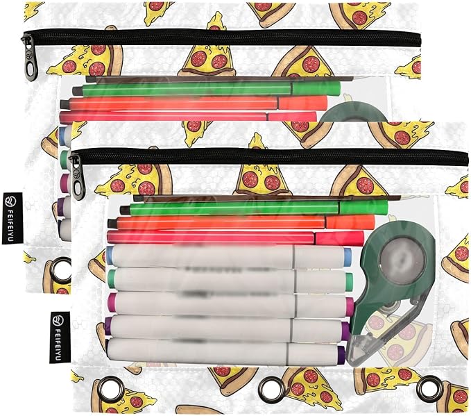 Gredecor Binder Pencil Pouch 3 Ring Pizza Doodle White Zipper Pencil Pouches Case 2 Pack Clear Binder Organizer for School Office