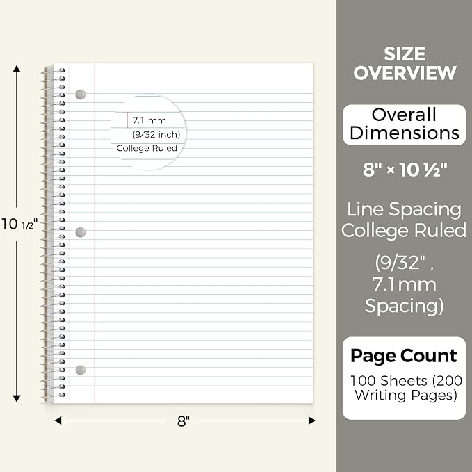 SKYDUE 8"x10.5" Spiral Notebook - College Ruled 100 Sheets, 1 Subject Notebook for School & Office, 3-Hole Punched Paper, Cream