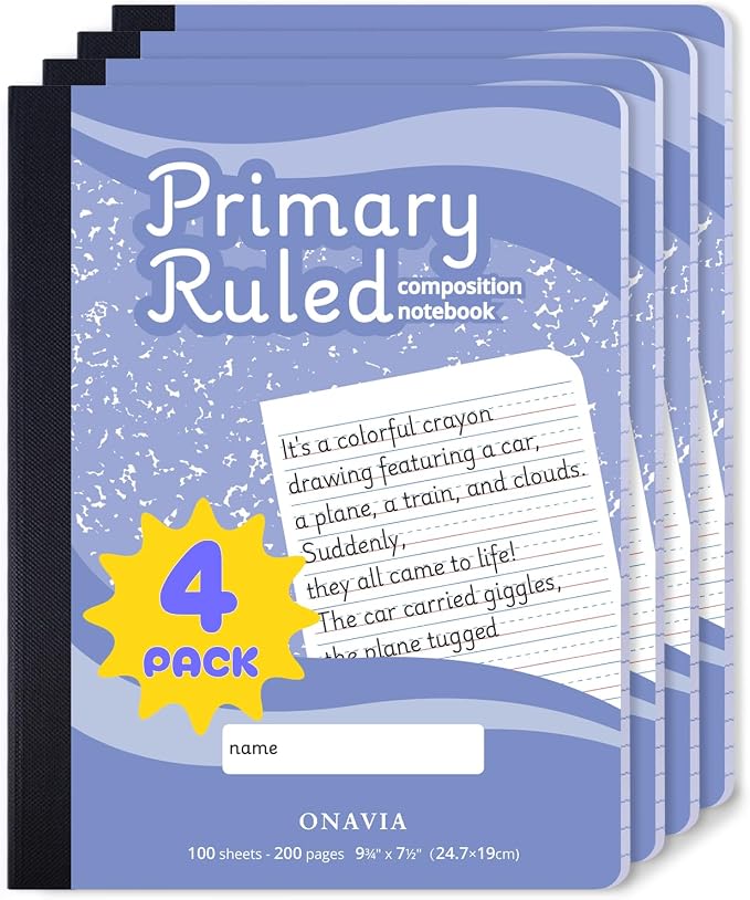 ONAVIA Primary Composition Notebook K-2, 200 Pages, 4 Pack, Cornflower | 100 ct, 9.75 x 7.5 in, Full Primary Ruled, Primary Journal Grades K-2, No Pictures, Writing Practice, Kindergarten
