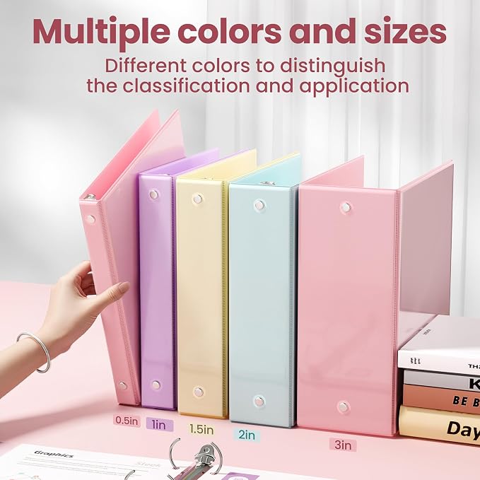 SUNEE 3 Ring Binder 1 Inch 8 Pack, Clear View 1" Binders Three Ring PVC-Free (Fit 8.5x11 Inches) for School or Office Supplies, Assorted Pastel
