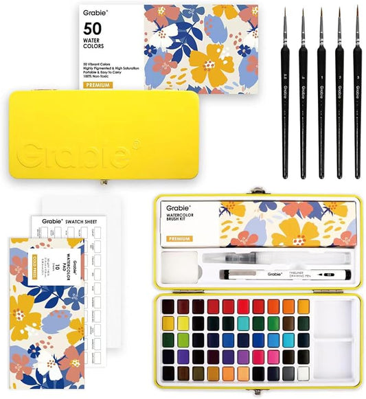 Grabie 50 Colors Premium All-In-One Water Color Paint Set - Detail Paint Brush Included, Watercolor Paints, Painting Sets, Art Supplies, Portable & Travel Watercolor Set, Amateur Hobbyists, Set of 50