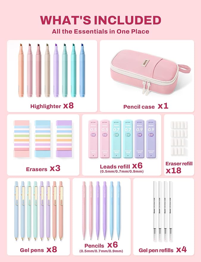 SUNEE 54PCS Aesthetic Stationery Set with Cute Pencil Case, 8 Color Pastel Highlighters, 8 Black Gel Pens, 6 Mechanical Pencils & Refills, College School Supplies for Students Girls Pink