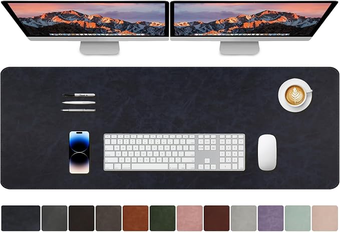 CHEERYGOO Faux Leather Desk Mat - Waterproof Mouse Pad, Non-Slip PU Leather Blotter, Writing Surface for Office and Home 47"x17" XXL Dark Blue