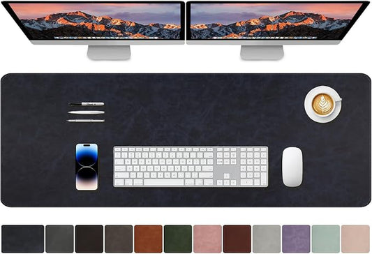 CHEERYGOO Faux Leather Desk Mat - Waterproof Mouse Pad, Non-Slip PU Leather Blotter, Writing Surface for Office and Home 47"x17" XXL Dark Blue