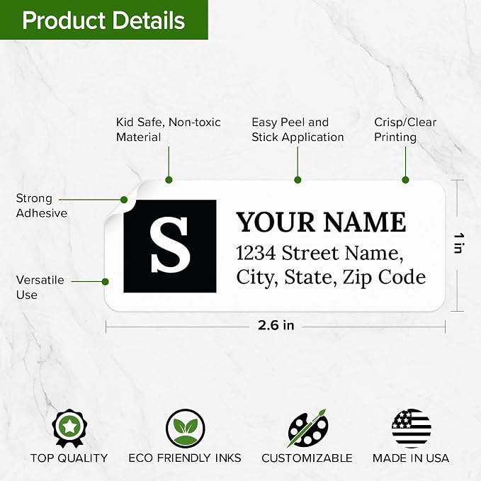 Personalized Return Address Labels, Custom Address and Name Mailing Labels Square for Envelopes, 1x2.6 Inches, Flat Sheet of 60-1200 Made in USA by My Sign Center - Monogram